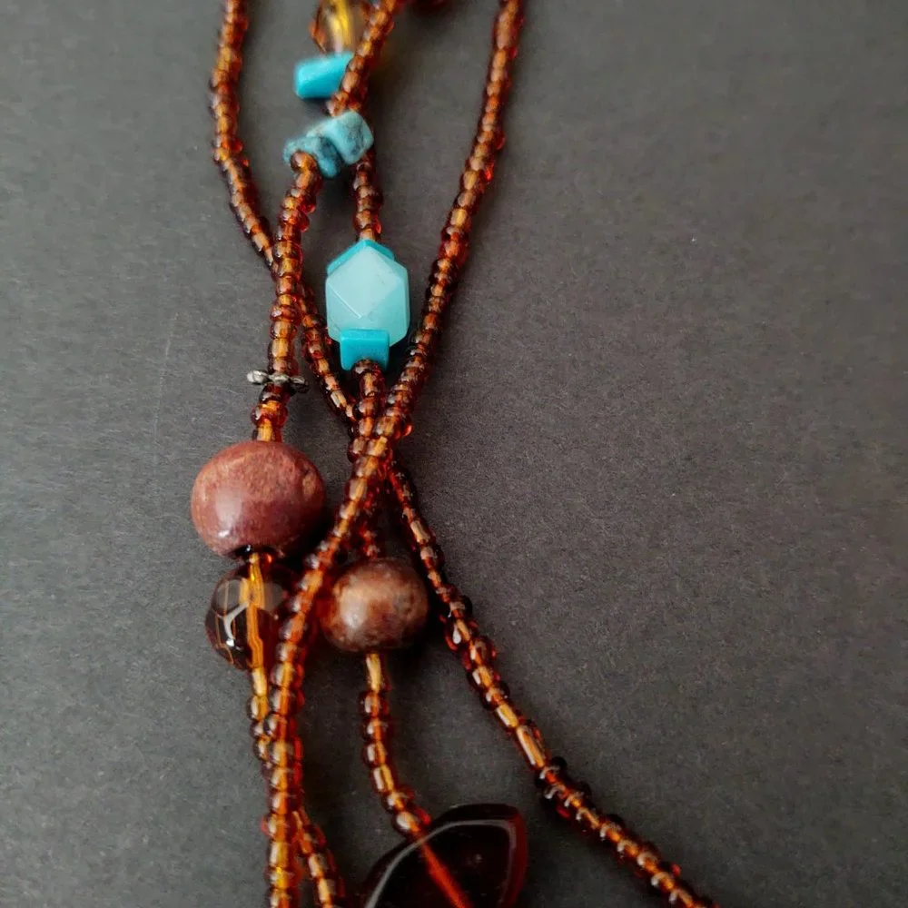 Amber and blue tones-seed bead and wood bead multi strand necklace